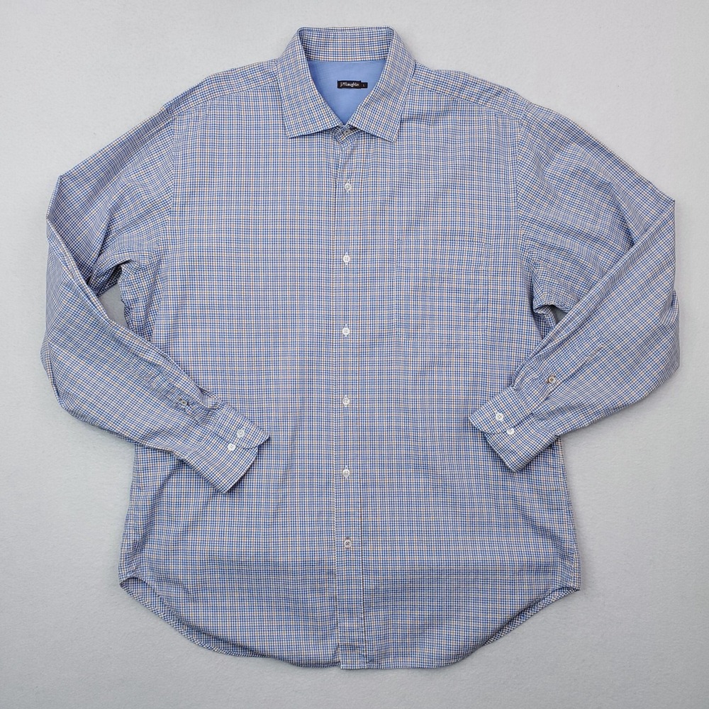 J Mclaughlin Shirt Mens Large Blue Check Plaid Regular Fit Button Front